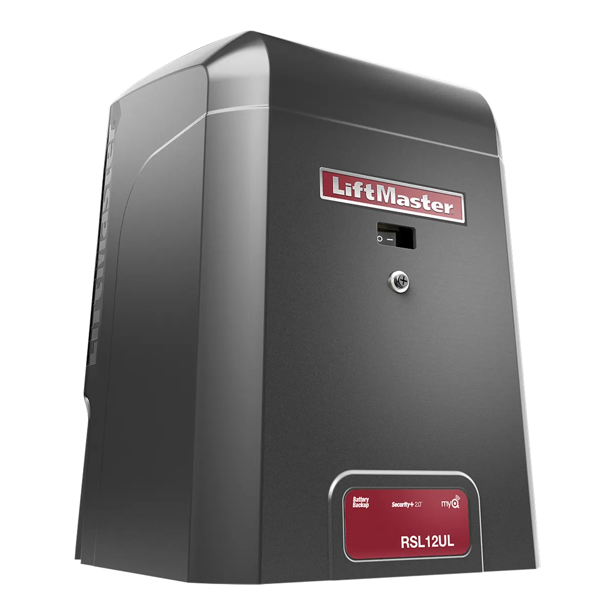 LiftMaster RSL12UL slide gate operator, right three quarter view of the black cabinet