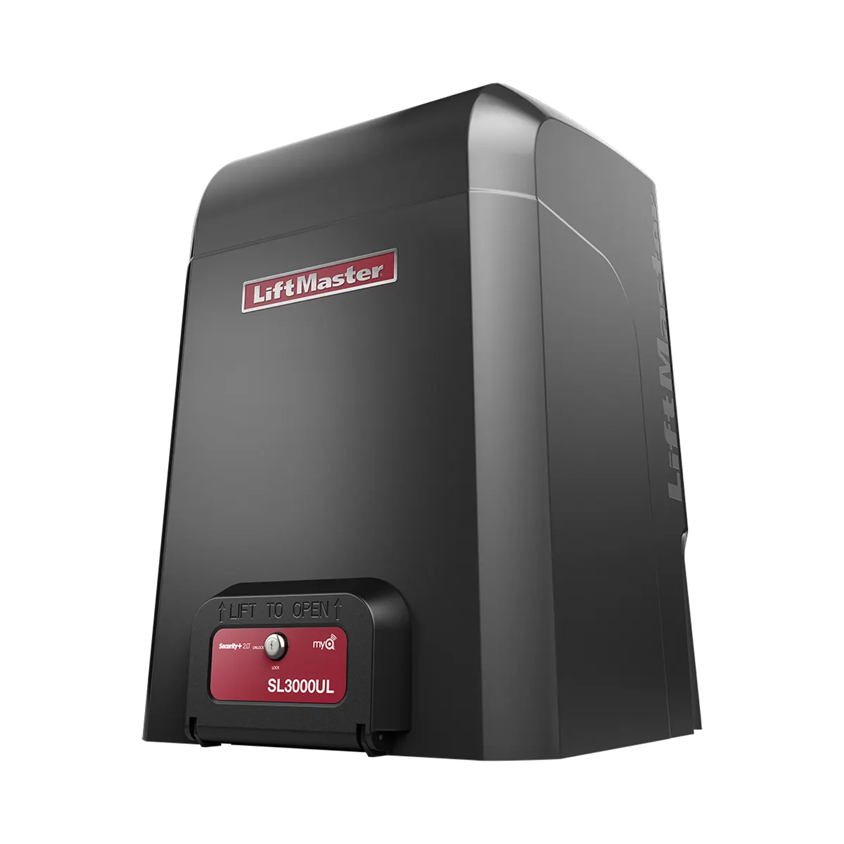 LiftMaster SL3000UL slide gate operator, left three quarter view of the black cabinet