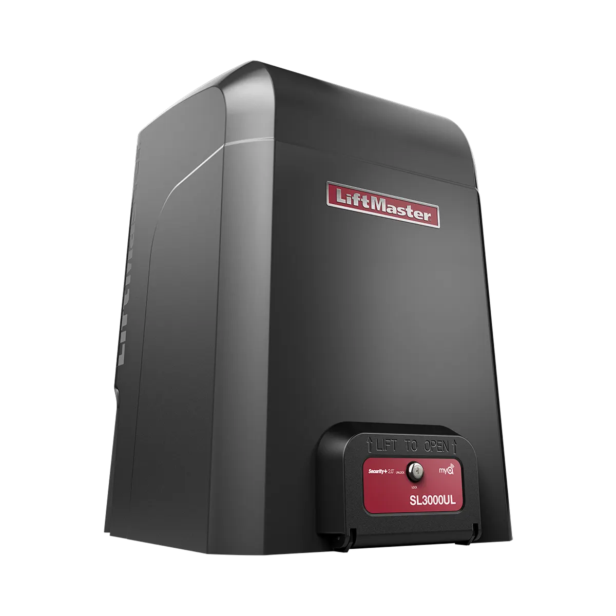 LiftMaster SL3000UL slide gate operator, right three quarter view of the black cabinet