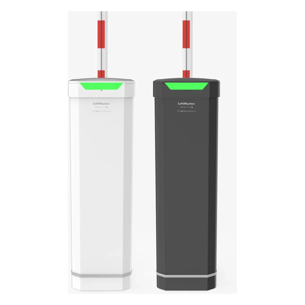 LiftMaster Techna CBG24DC barriers in white and in black with the arms raised