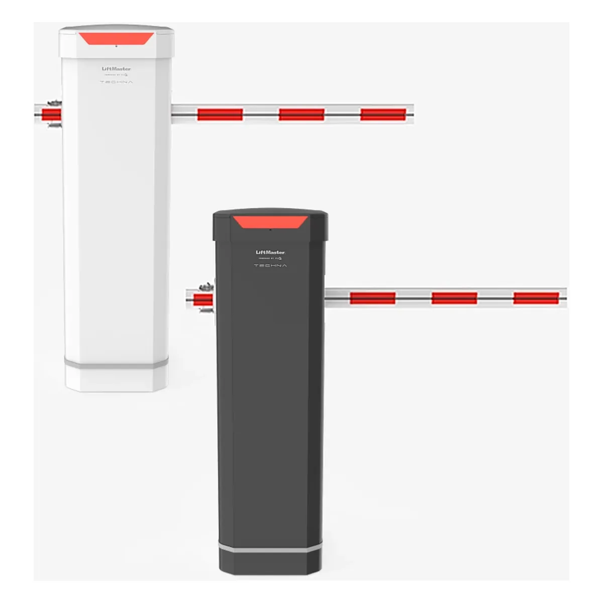 LiftMaster Techna CBG24DC barriers in white and in black, arms lowered