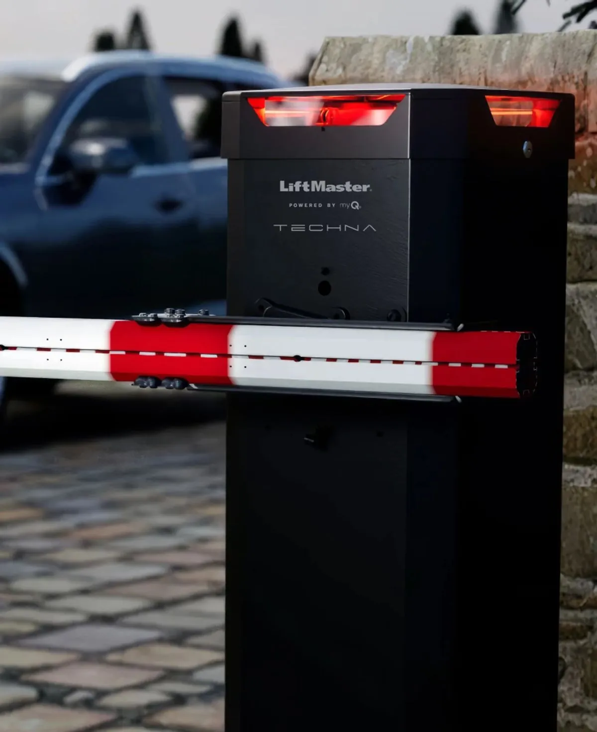 LiftMaster Techna barrier at a parking lane with its arm lowered