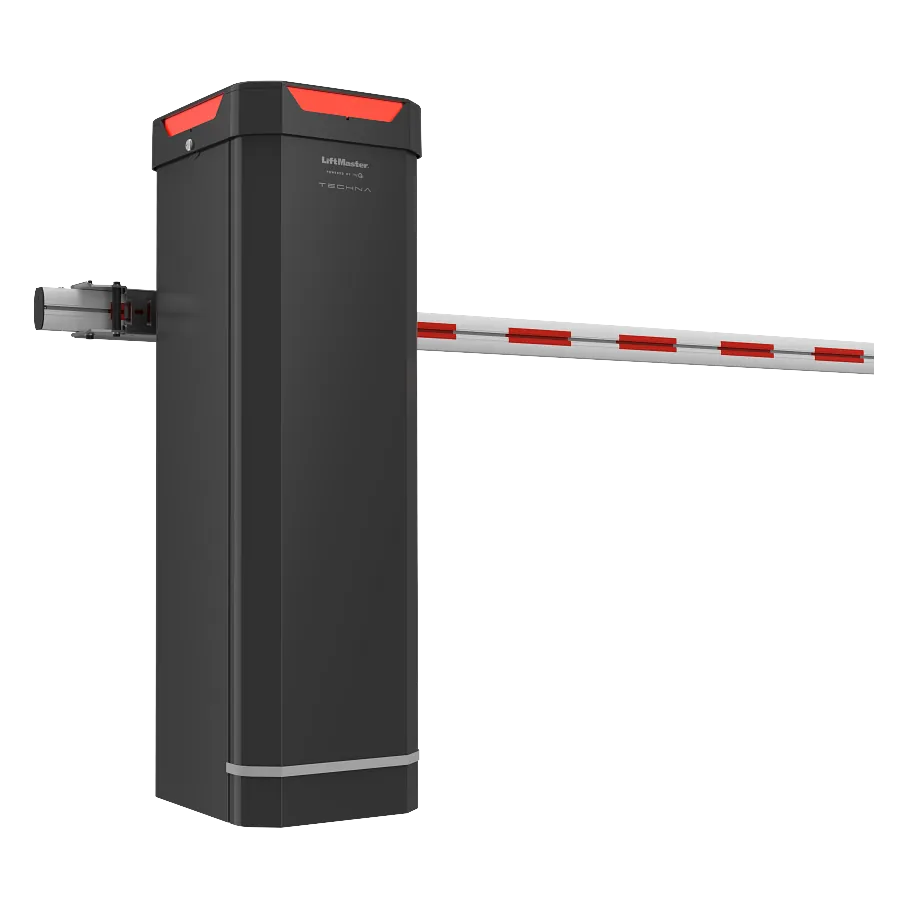 LiftMaster Techna IBG24DC industrial barrier in black, side view with the arm lowered