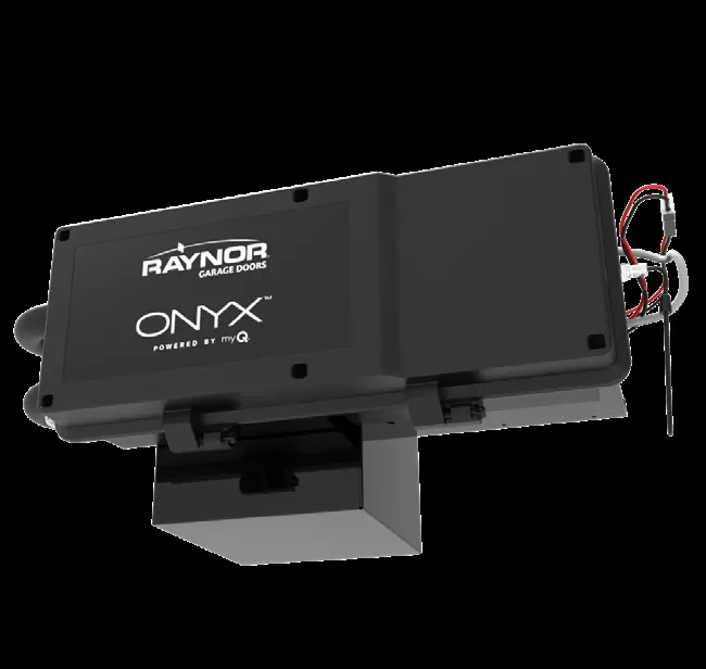 Raynor ONYX trolley garage door operator in a black housing, shown from a three quarter angle on a dark background