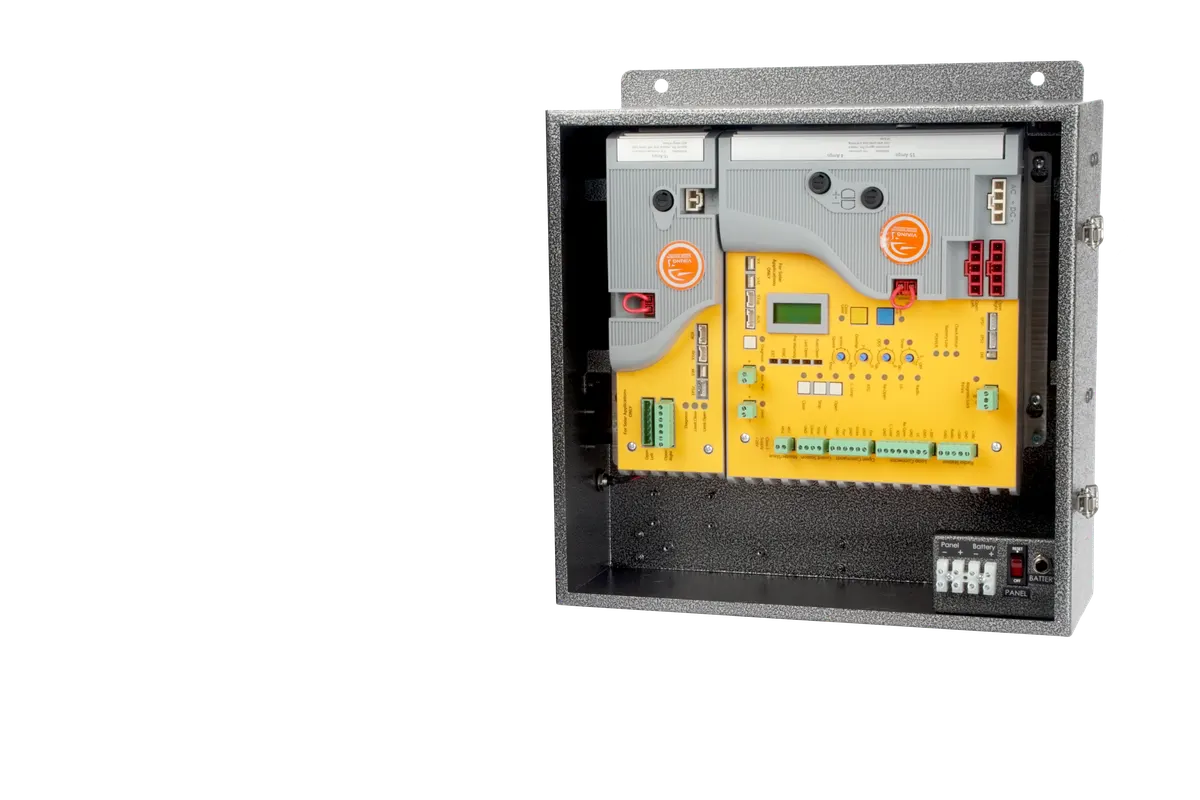 Viking Access VFlex solar control box, open metal enclosure with the yellow control board