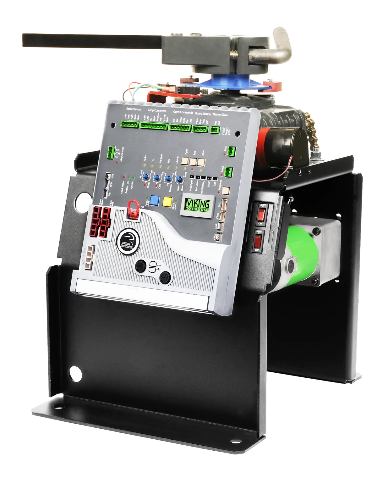 Viking Access R 6 swing gate operator with the cover off, showing the control board, motor and gearbox